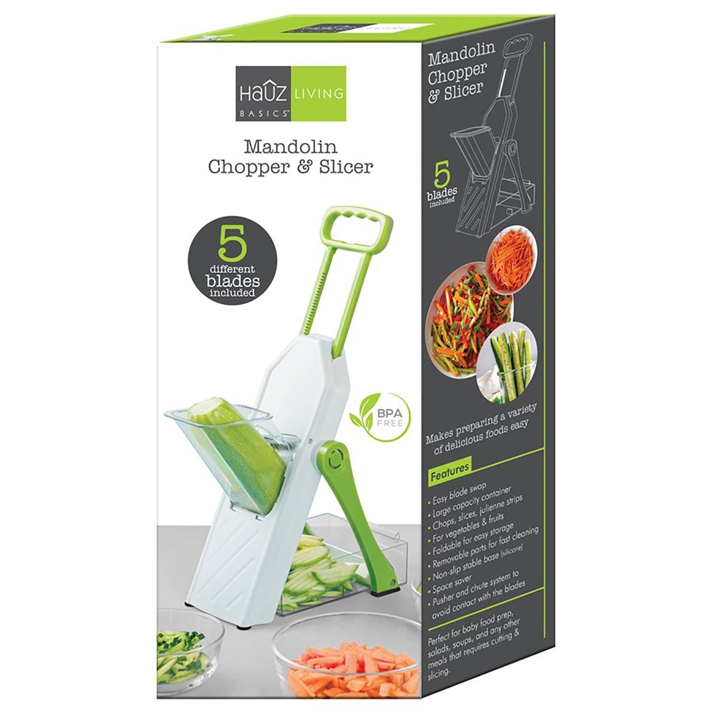 Hauz - Safe-Slice Adjustable Mandoline Chopper with 5 Different Blades