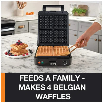 KRUPS Belgian Waffle Maker with Removable Plates, 4 Slices, Black and Silver Blemished package with full warranty-GQ502D51