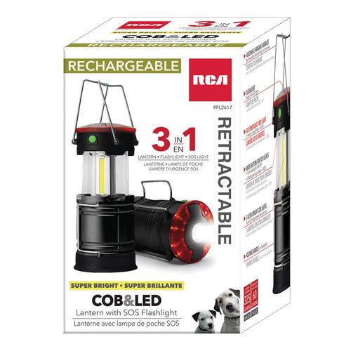RCA Rechargeable 3-in-1 Retractable Super Bright COB & LED Lantern with SOS Flashlight