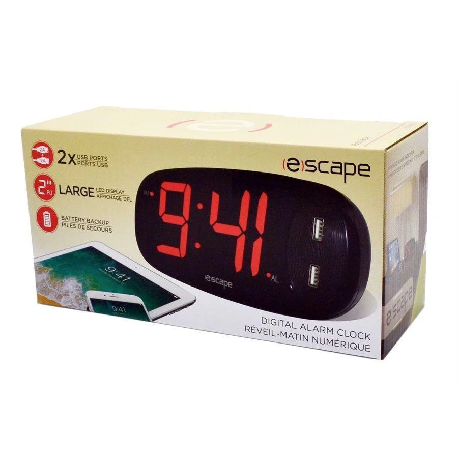 ESCAPE Digital alarm clock with 2 x 2amp usb charge ports Black