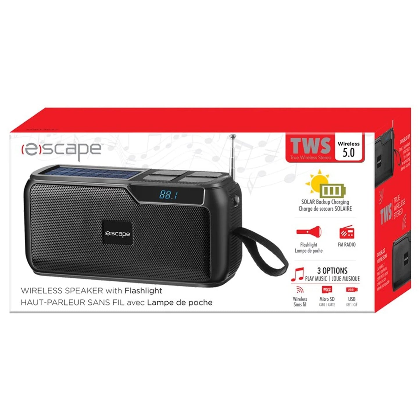 ESCAPE Solar Powered Rechargeable Bluetooth Speaker with FM Radio and Flashlight