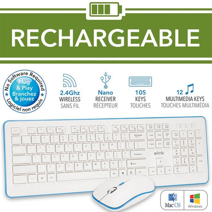 Elink Wireless Keyboard and Mouse Set, Rechargeable, 2.4GHz, White