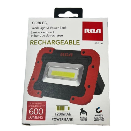 RCA Rechargeable COB LED Work Light with 1200mAh Power Bank, 600 Lumens