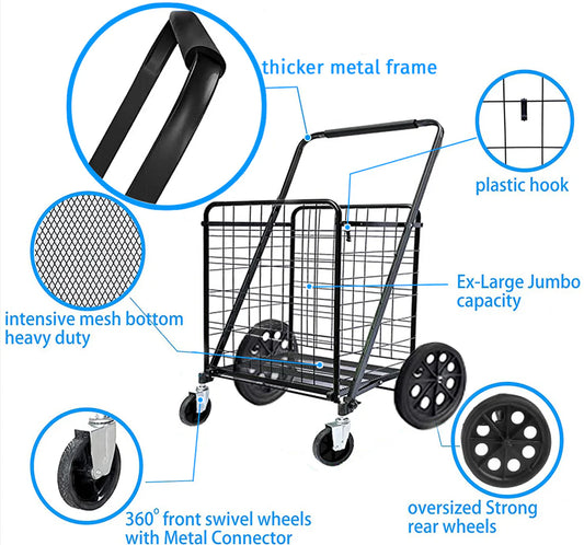 Premium Shopping Cart with 360° Rolling Swivel Wheels- Medium