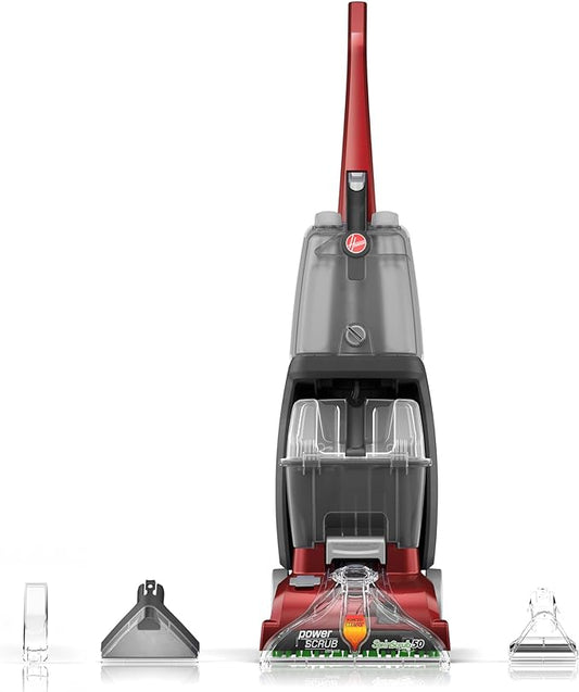 Hoover Power Scrub Deluxe Carpet Cleaner Machine, Upright Shampooer Factory serviced with SpoonTag Warranty, FH50150, Red