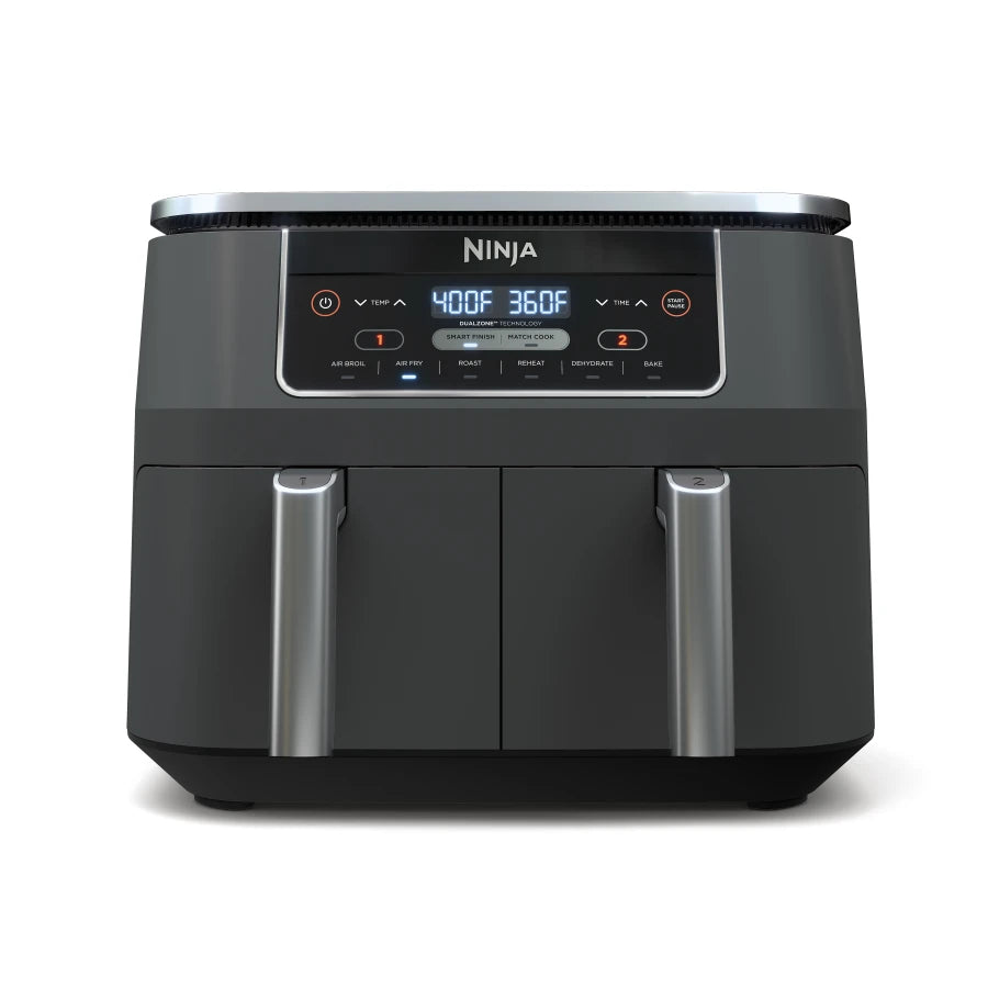 NINJA Dual Zone Air Fryer with 6-in-1 Functions, Stainless Steel, Black, Factory serviced with SpoonTag warranty 7.5-L