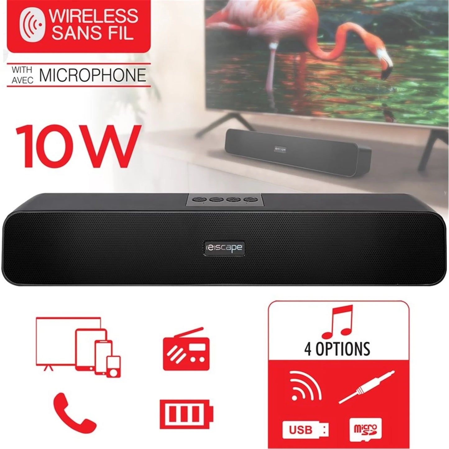 ESCAPE Wireless Stereo Soundbar with FM Radio 10 Watts