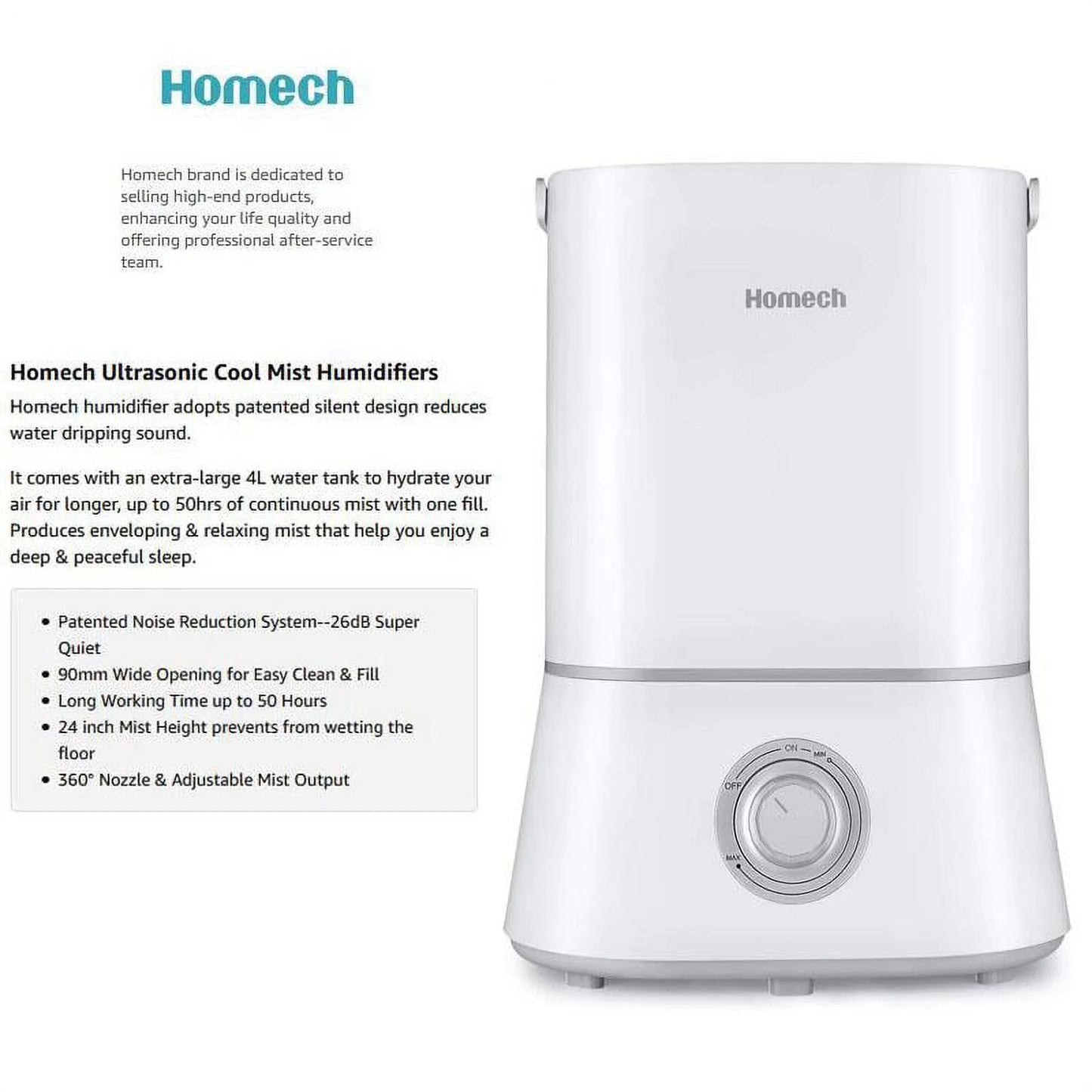 HOMECH Air Humidifiers for Bedroom, 4L Cool Mist Humidifiers for Large Room, 26dB Quiet Humidifiers for Baby