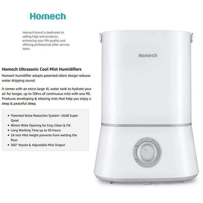 HOMECH Air Humidifiers for Bedroom, 4L Cool Mist Humidifiers for Large Room, 26dB Quiet Humidifiers for Baby