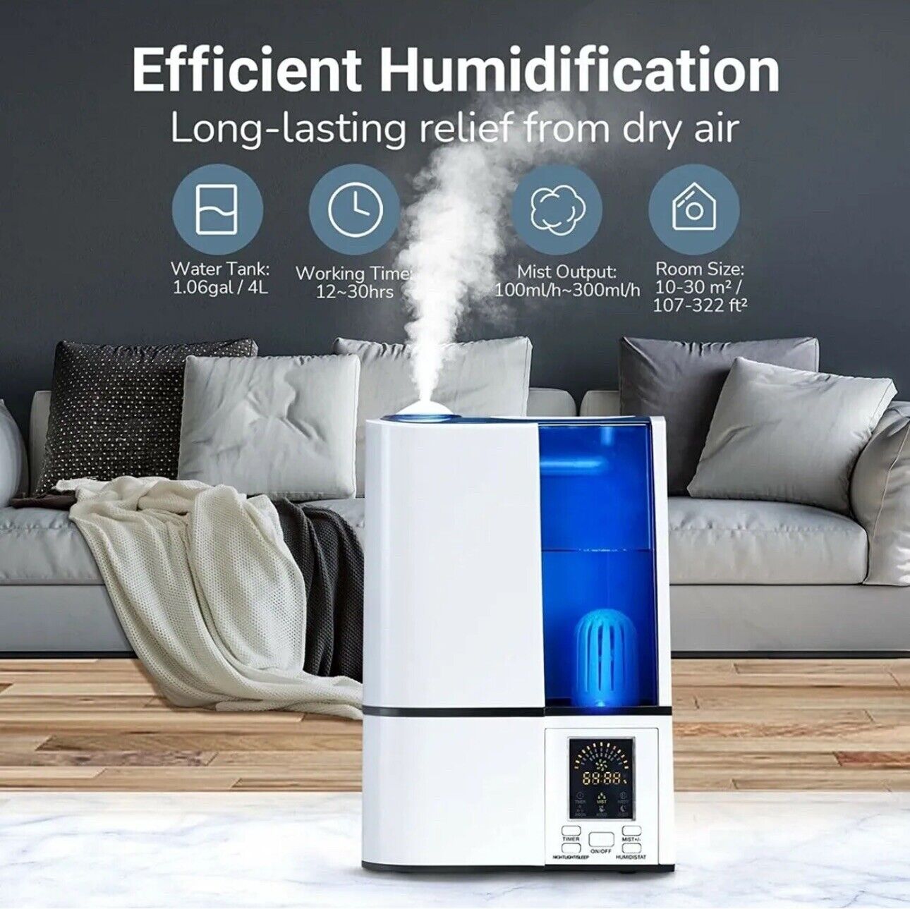 TAOTRINCS Cool Mist Humidifier, LED Display, 4L/1.06 Gallon Large Capacity